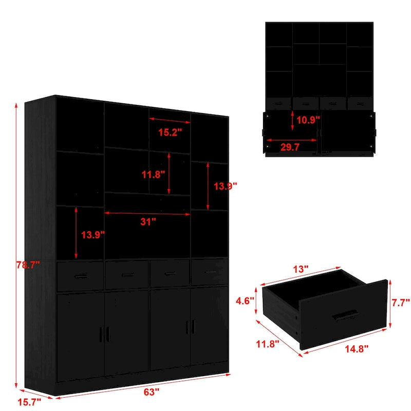 Bookshelf Bookcase with 4 Doors,4 Drawers & Storage Shelve,Black - 78.7H