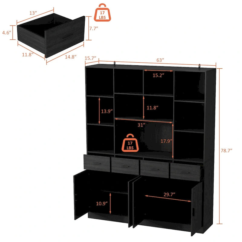 Bookshelf Bookcase with 4 Doors,4 Drawers & Storage Shelve,Black - 78.7H