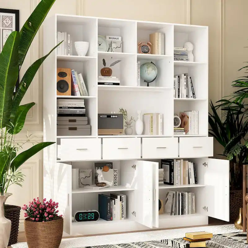 Bookshelf Bookcase with 4 Doors,4 Drawers & Storage Shelve,Black - 78.7H