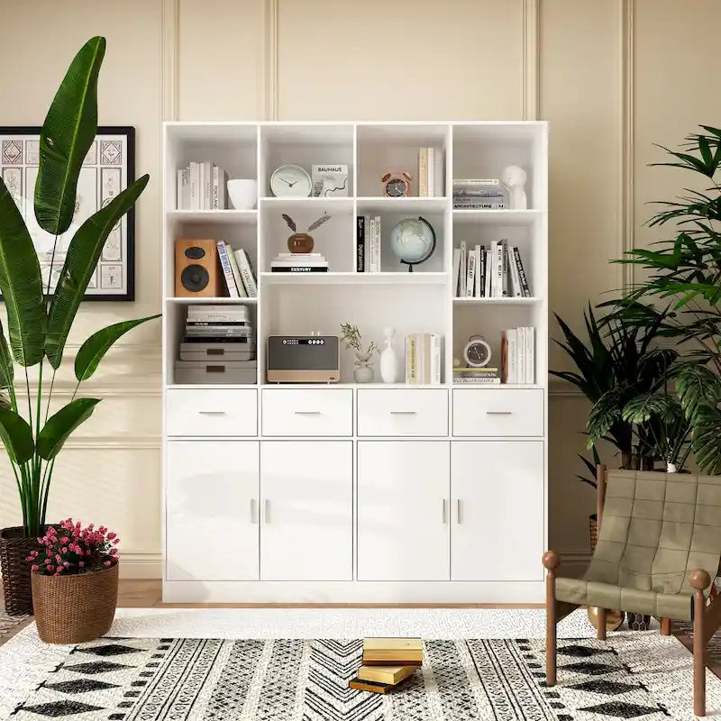 Bookshelf Bookcase with 4 Doors,4 Drawers & Storage Shelve,Black - 78.7H