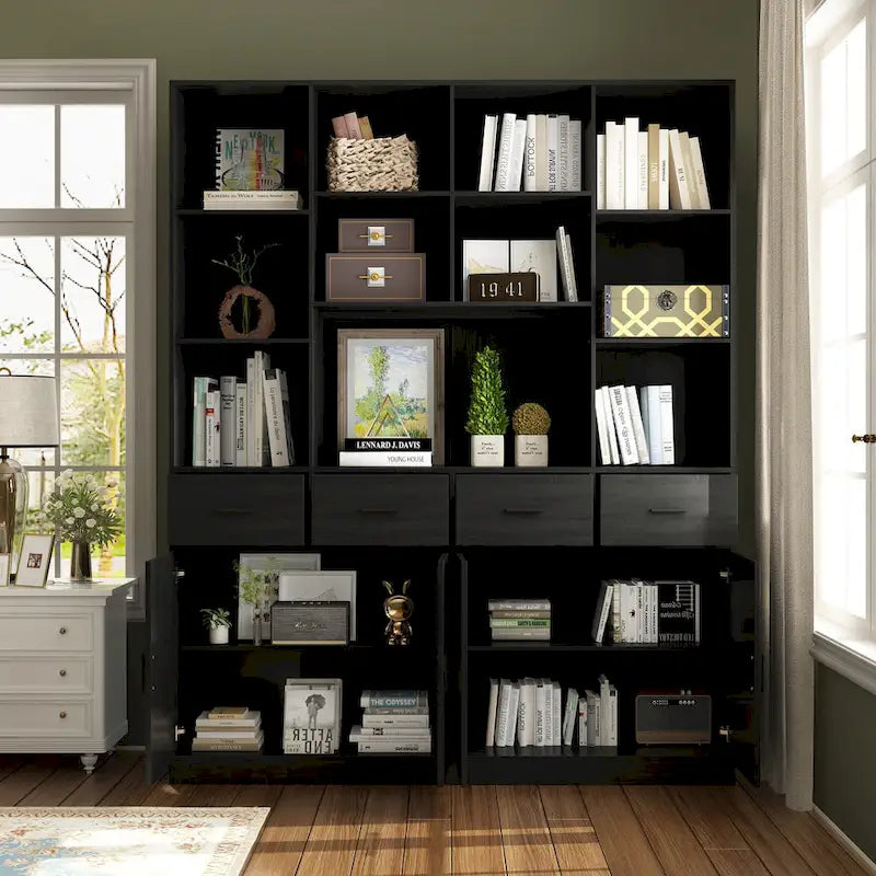 Bookshelf Bookcase with 4 Doors,4 Drawers & Storage Shelve,Black - 78.7H