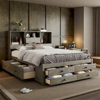 Queen Size Platform Bed with Storage Headboard and 8 Drawers