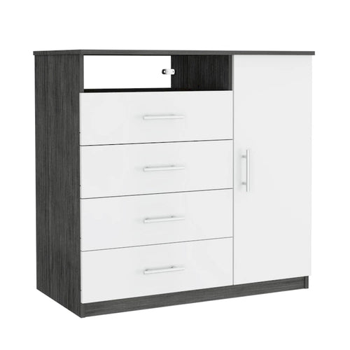 4 Drawer Dresser, Single Door Cabinet, One Open Shelf, Superior Top