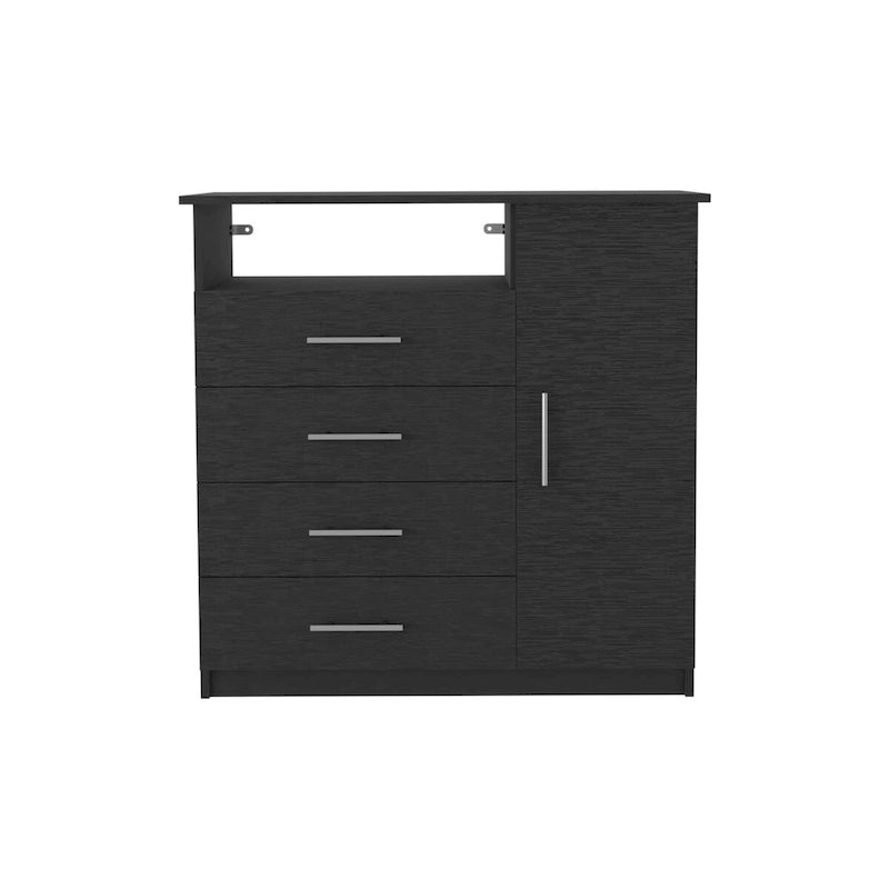 4 Drawer Dresser, Single Door Cabinet, One Open Shelf, Superior Top