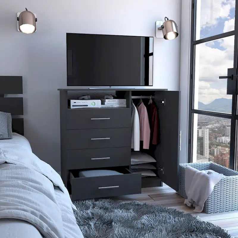 4 Drawer Dresser, Single Door Cabinet, One Open Shelf, Superior Top