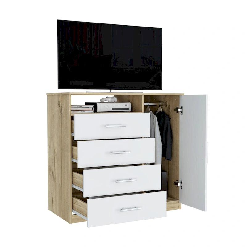4 Drawer Dresser, Single Door Cabinet, One Open Shelf, Superior Top