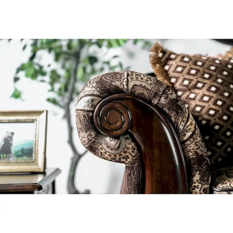 Dayaram Traditional Brown Chenille Sofa with Wood Trim & Coordinating Pillows