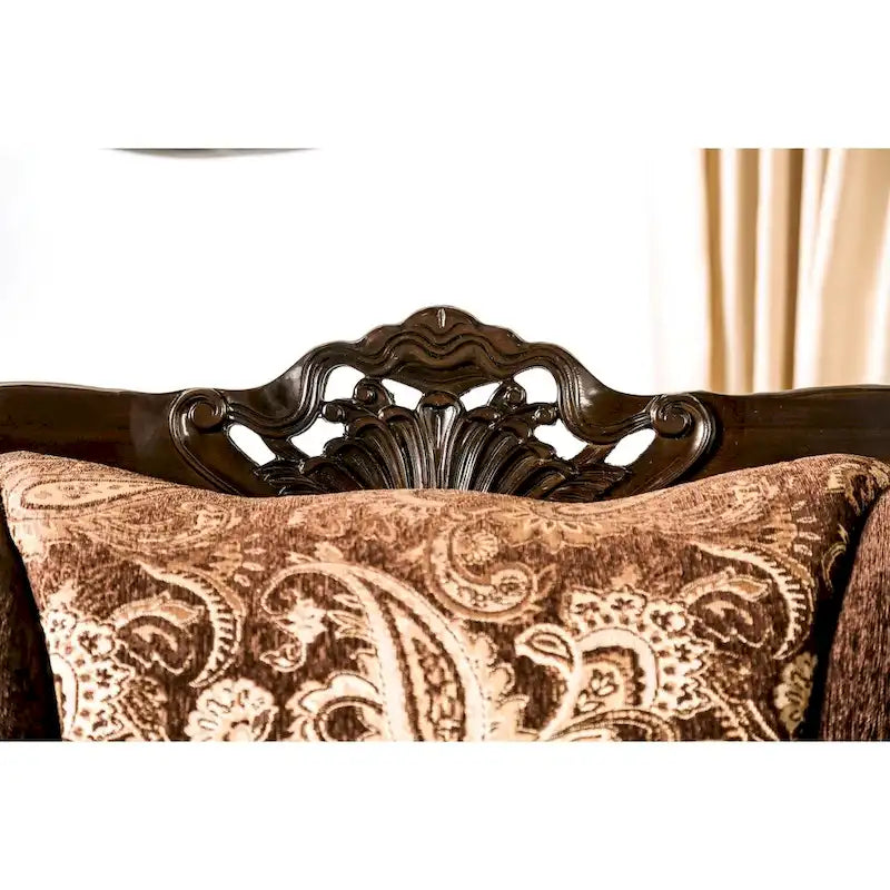 Dayaram Traditional Brown Chenille Sofa with Wood Trim & Coordinating Pillows