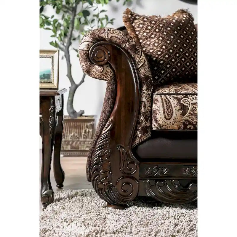 Dayaram Traditional Brown Chenille Sofa with Wood Trim & Coordinating Pillows