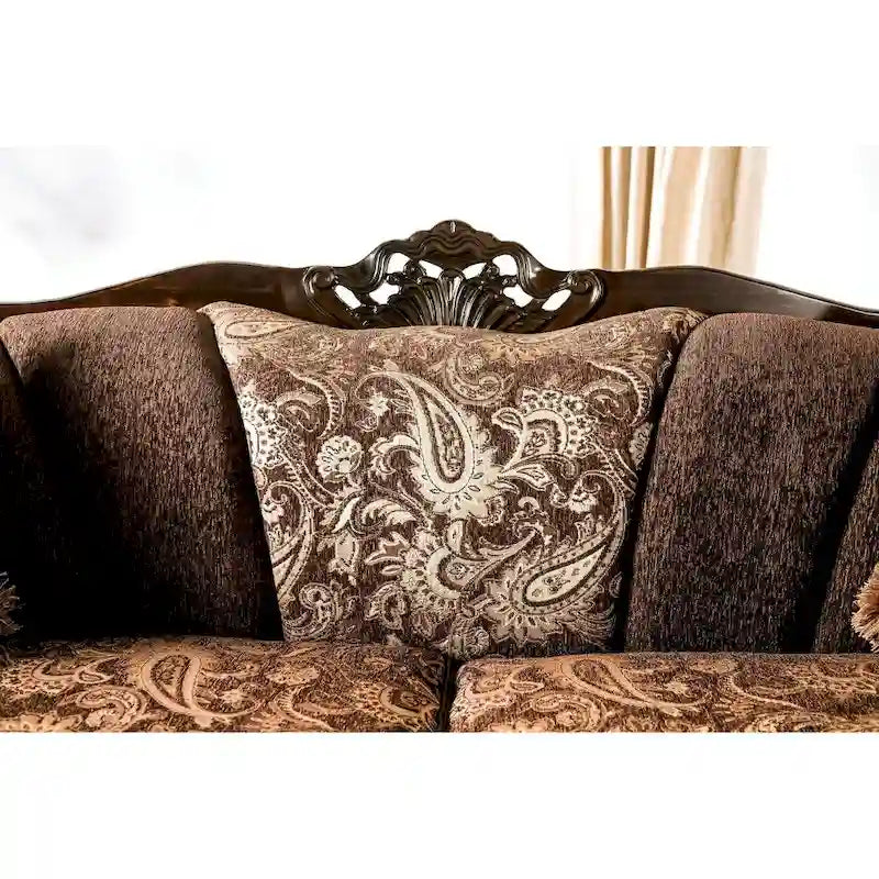 Dayaram Traditional Brown Chenille Sofa with Wood Trim & Coordinating Pillows