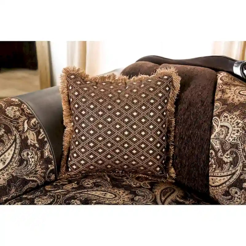 Dayaram Traditional Brown Chenille Sofa with Wood Trim & Coordinating Pillows