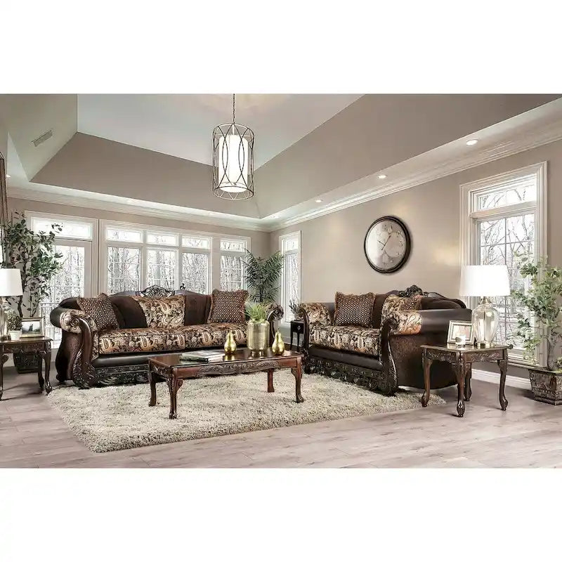 Dayaram Traditional Brown Chenille Sofa with Wood Trim & Coordinating Pillows