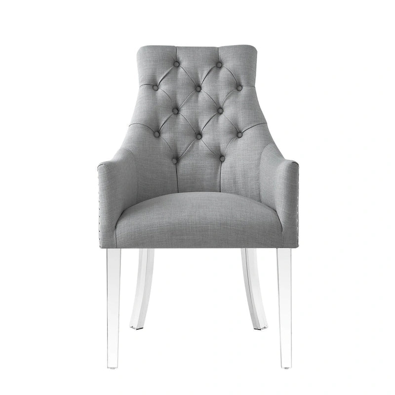 Tufted Light Gray Linen Dining Arm Chairs with Nailhead Trim – Set of 2