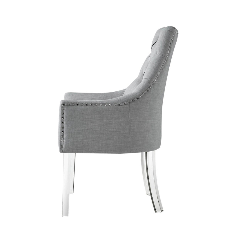 Tufted Light Gray Linen Dining Arm Chairs with Nailhead Trim – Set of 2