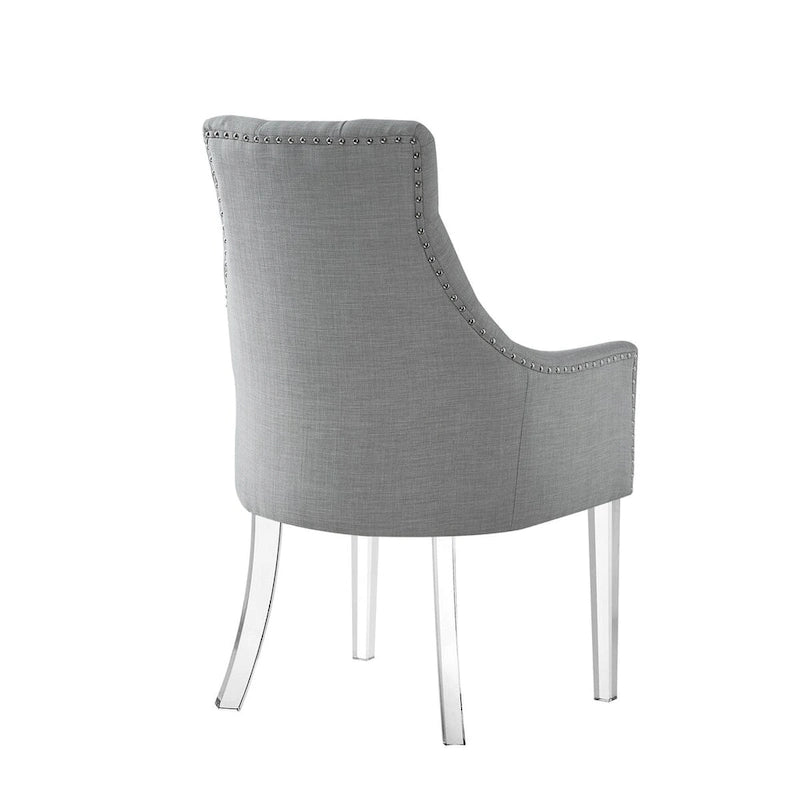 Tufted Light Gray Linen Dining Arm Chairs with Nailhead Trim – Set of 2
