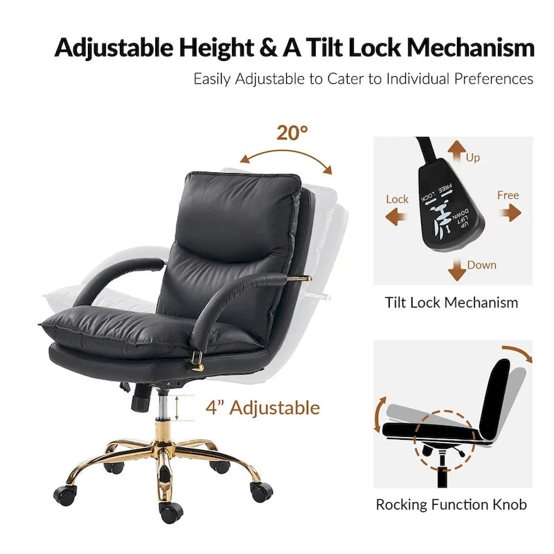 Modern Faux Leather Adjustable Height Tilting Office Chair with 360° Swivel & Metal Base