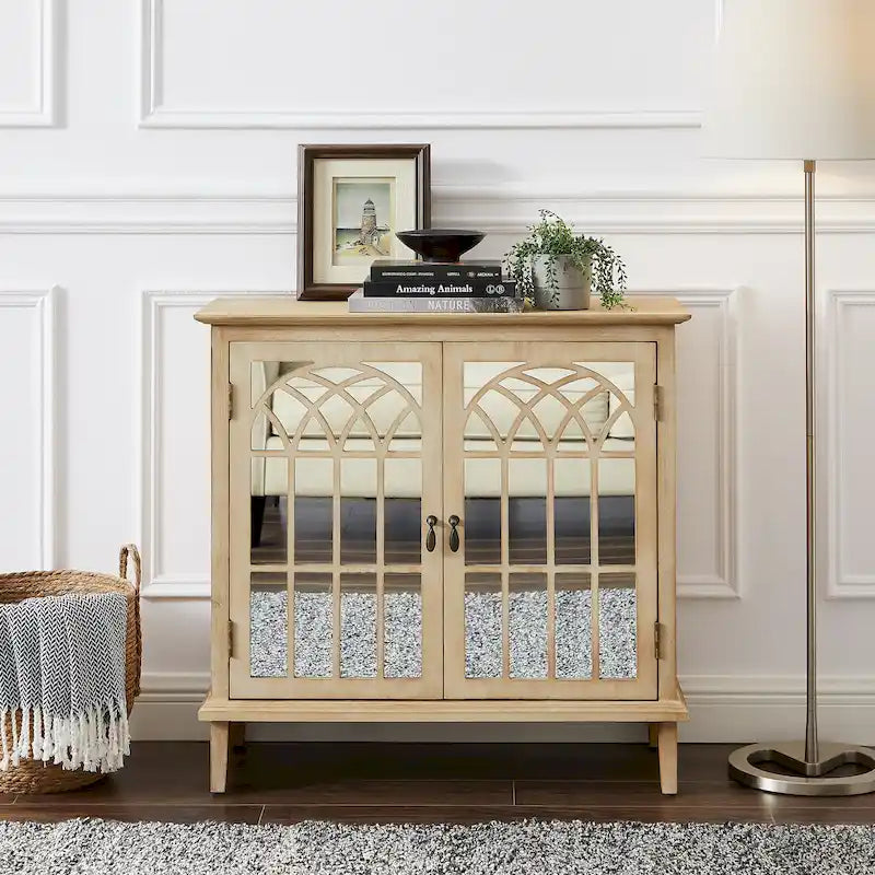 Mid-Century Modern Wood Accent Cabinet with Mirrored Doors & Brass Handles – Sideboard Buffet