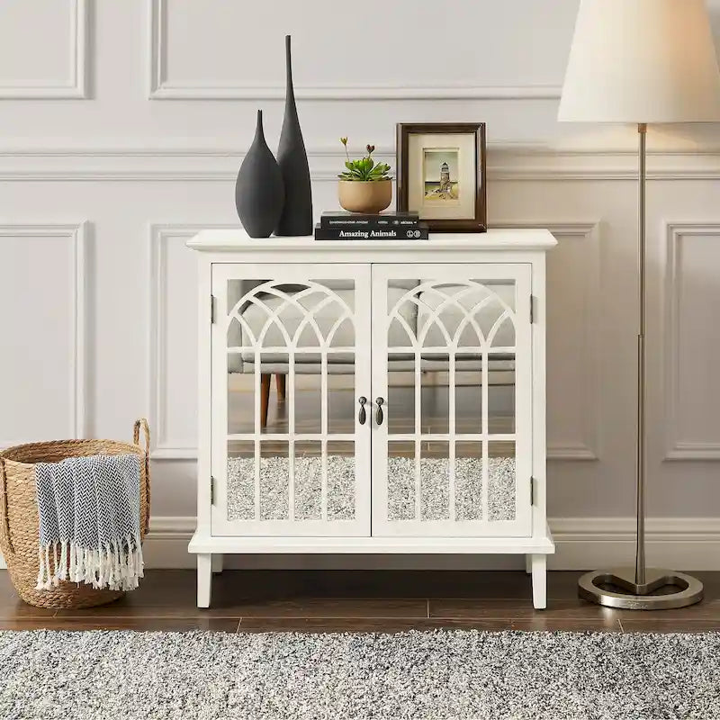 Mid-Century Modern Wood Accent Cabinet with Mirrored Doors & Brass Handles – Sideboard Buffet