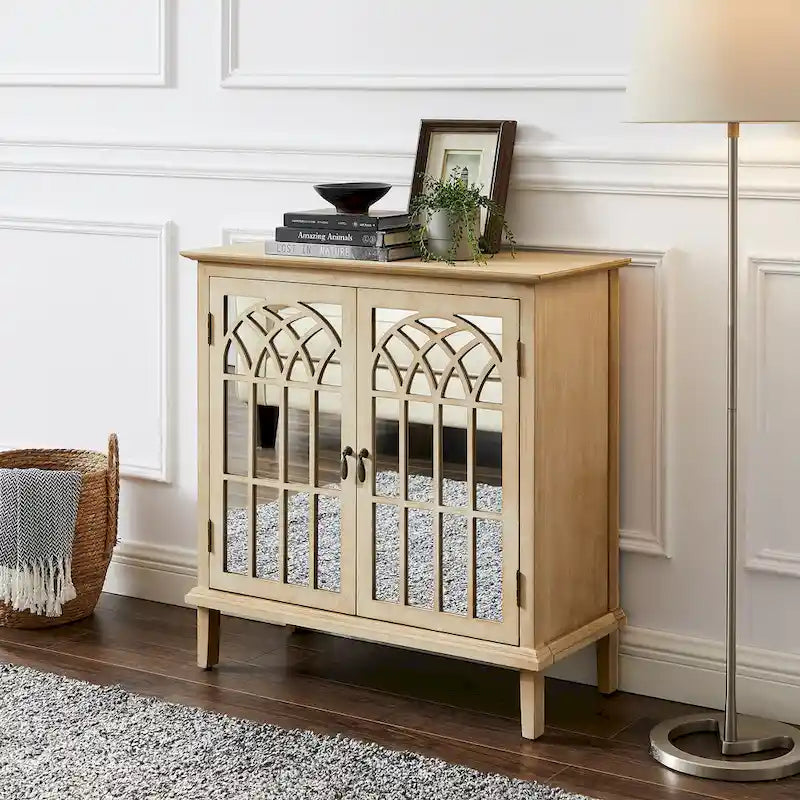 Mid-Century Modern Wood Accent Cabinet with Mirrored Doors & Brass Handles – Sideboard Buffet
