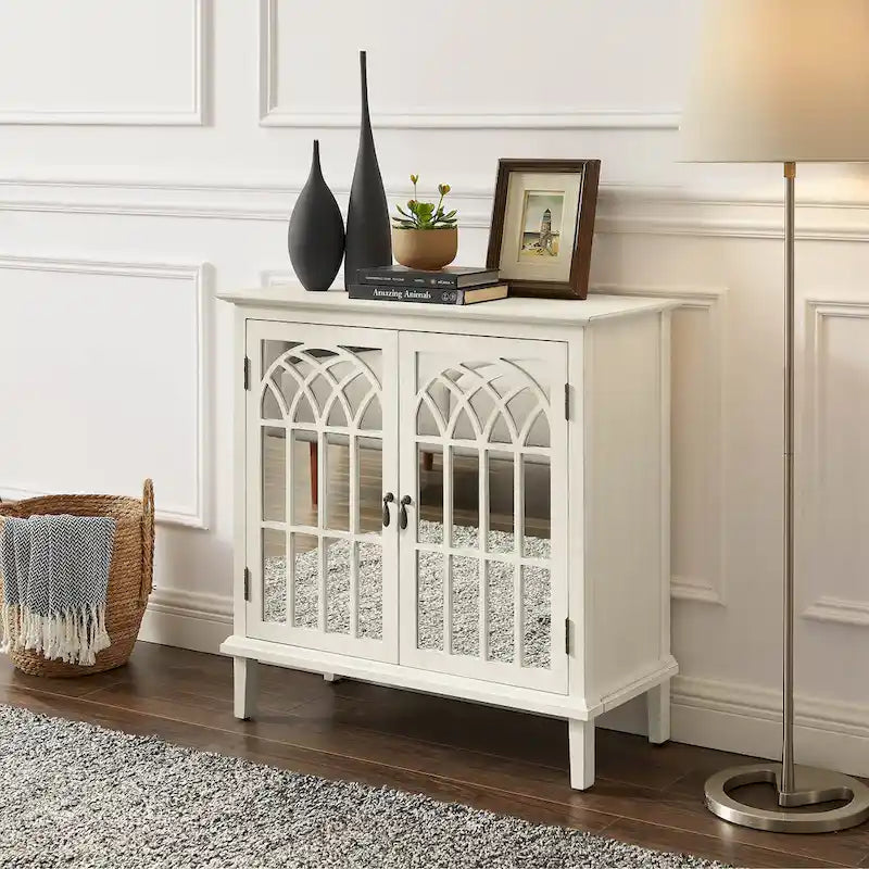 Mid-Century Modern Wood Accent Cabinet with Mirrored Doors & Brass Handles – Sideboard Buffet