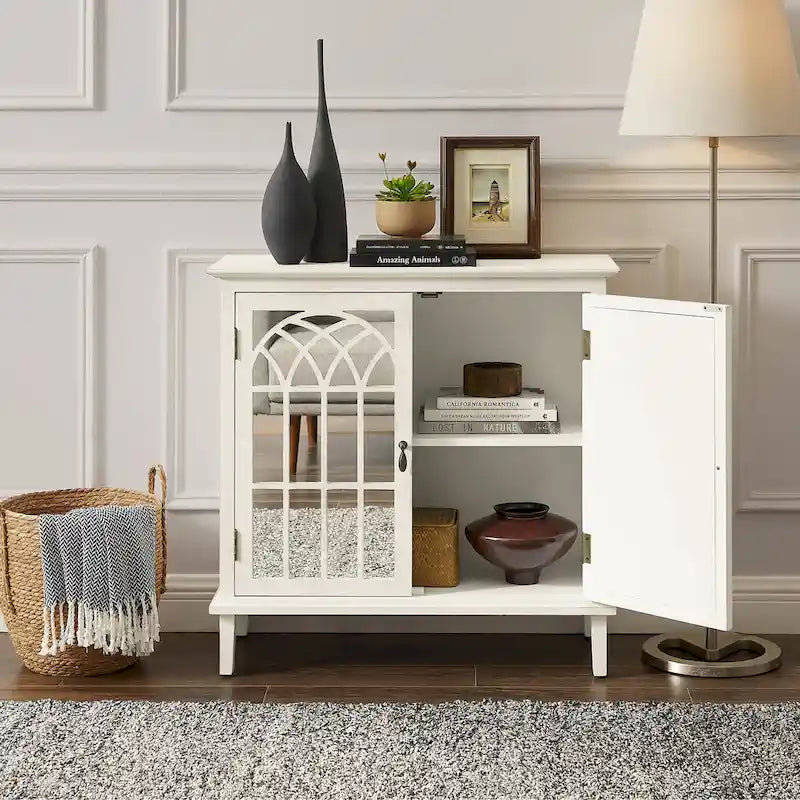 Mid-Century Modern Wood Accent Cabinet with Mirrored Doors & Brass Handles – Sideboard Buffet
