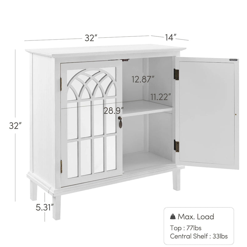 Mid-Century Modern Wood Accent Cabinet with Mirrored Doors & Brass Handles – Sideboard Buffet