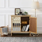 Mid-Century Modern Wood Accent Cabinet with Mirrored Doors & Brass Handles – Sideboard Buffet