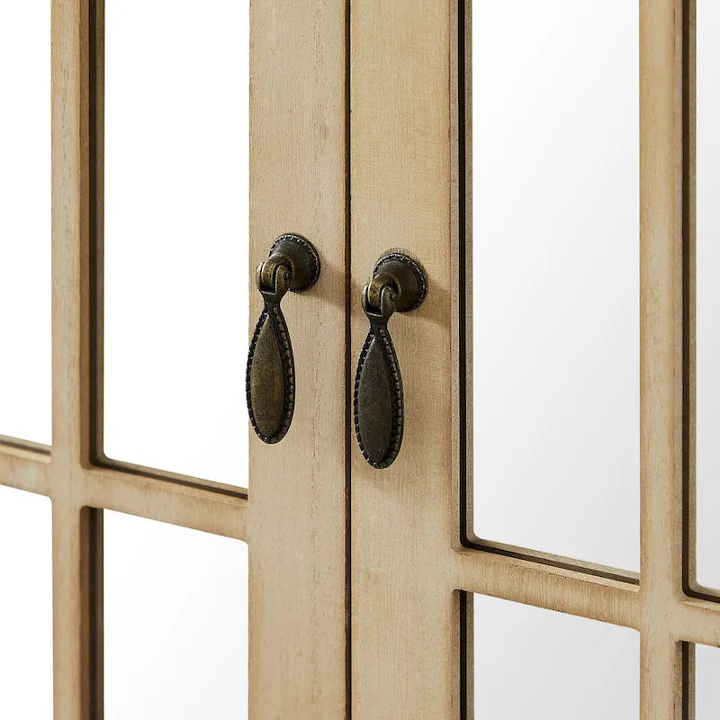 Mid-Century Modern Wood Accent Cabinet with Mirrored Doors & Brass Handles – Sideboard Buffet