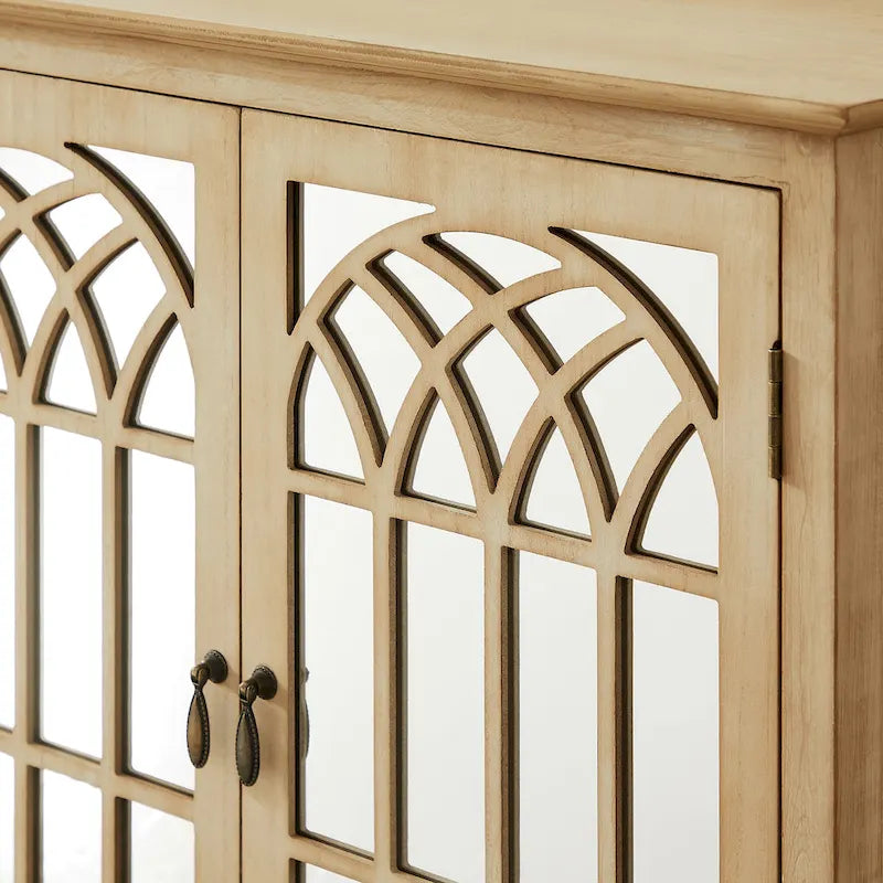 Mid-Century Modern Wood Accent Cabinet with Mirrored Doors & Brass Handles – Sideboard Buffet