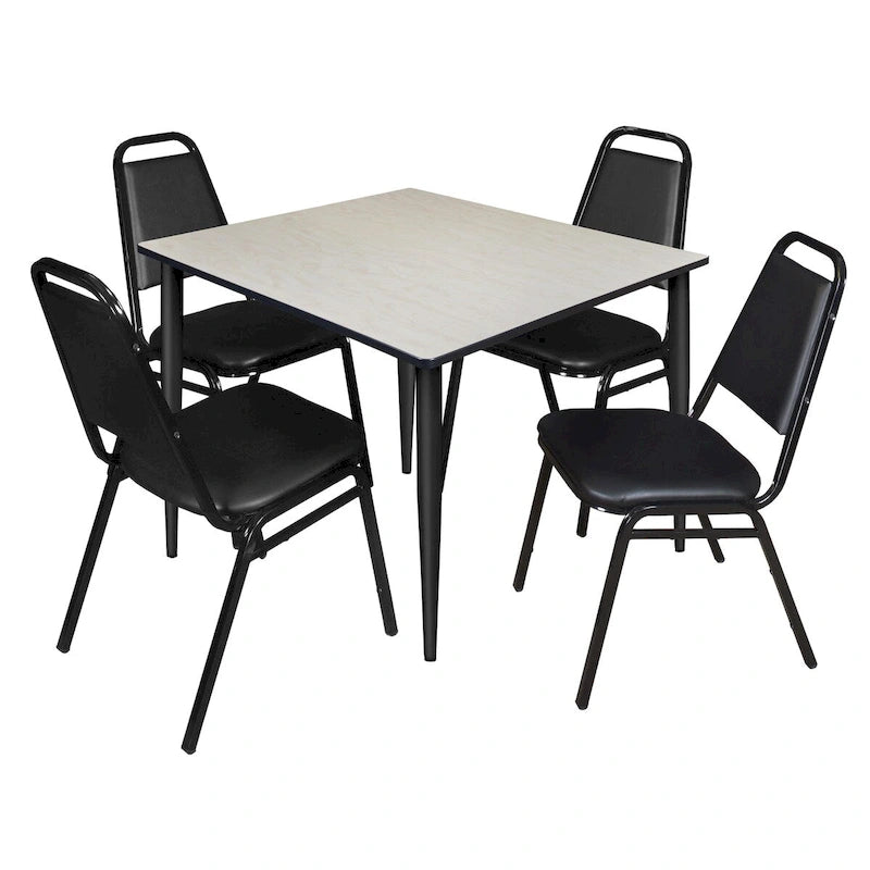 48" Square Breakroom Table with Tapered Legs & 4 Stack Chairs – Maple/Black